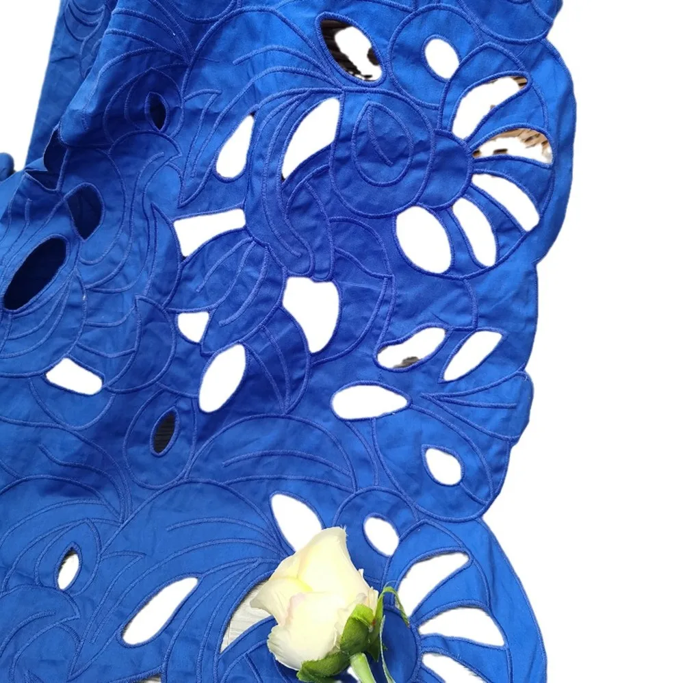 Pure Cotton Bright Blue Hollow Out Embroidered Fabric for Sewing Dress Clothes DIY Handmade Crafting Cloth