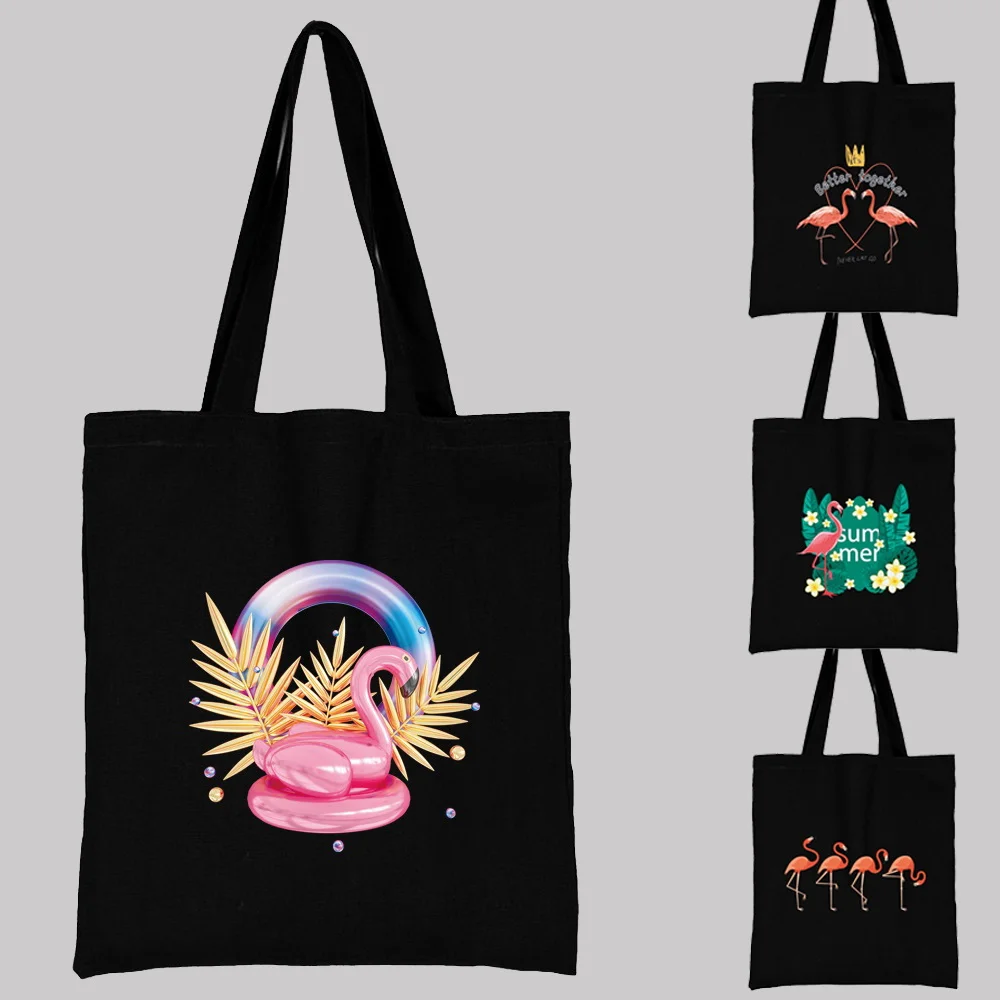 Bolsa de ombro lona harajuku shopper sacos moda casual reutilizável dobrável flamingo impresso armazenamento portátil eco tote bolsa