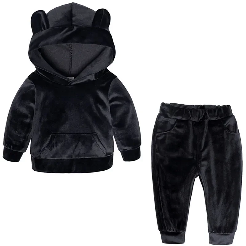 Conjunto de ropa con capucha de terciopelo para bebés, niños y niñas, chaqueta, abrigo, pantalones, traje para trajes deportivos, chándales, conjunto de ropa para niños pequeños