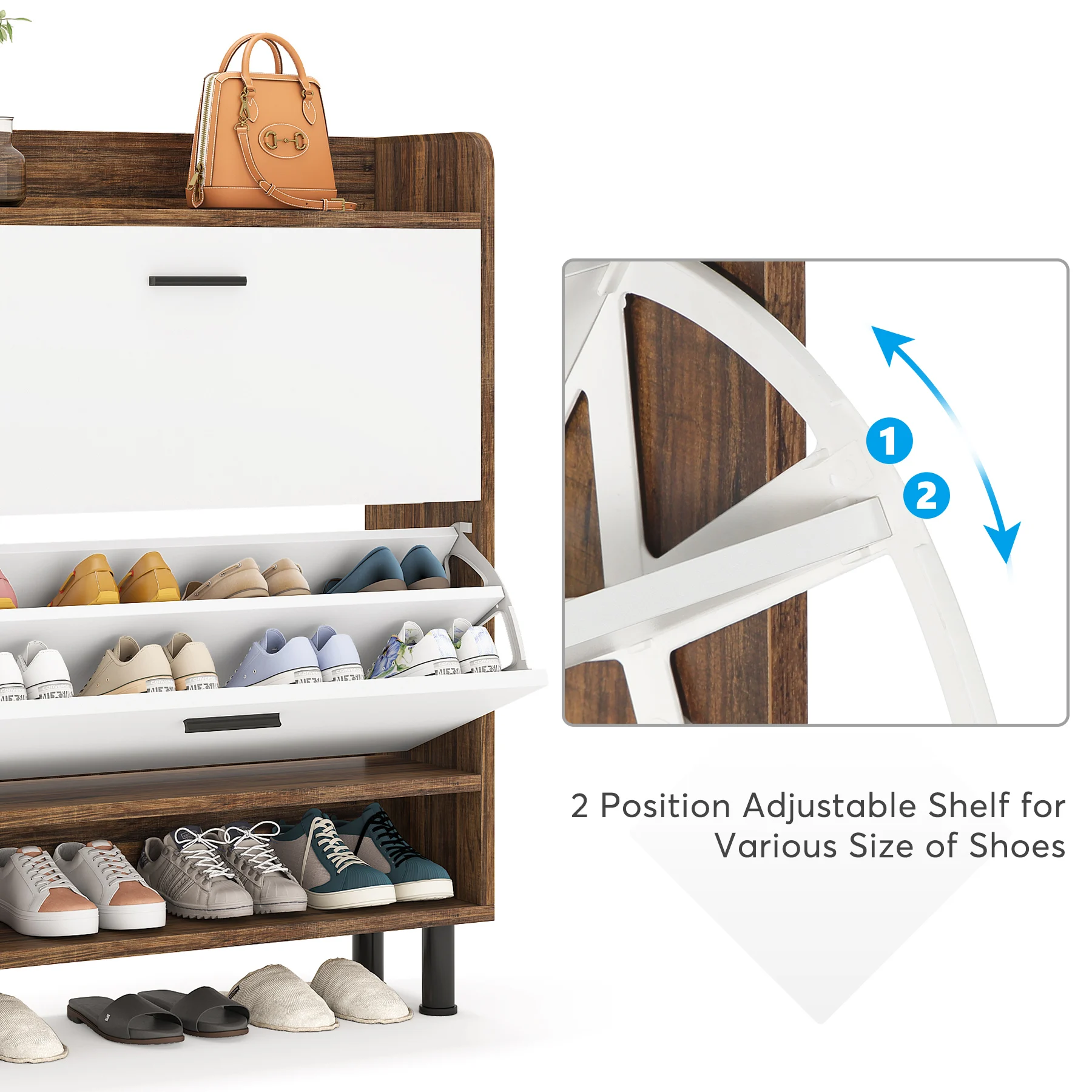 Tribesigns Shoe Cabinet, 2-Tier Shoe Storage Cabinet with Flip Doors, Vintage Entryway Shoe Organizer Rack with Open Shelves image 6