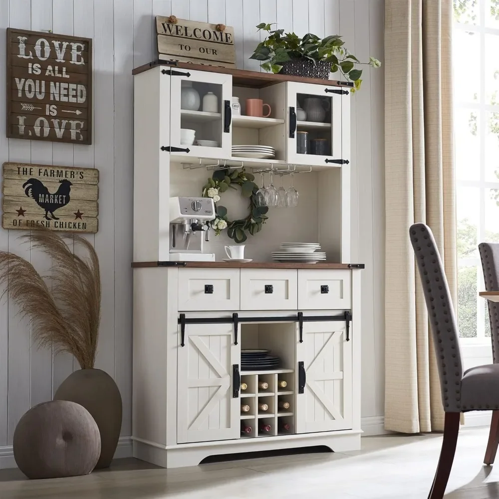 Bar Cabinet with Sliding Barn Door with Hutch with Wine & Glasses Rack, 3 Drawers, 12 Storage Shelves, Bar Cabinet