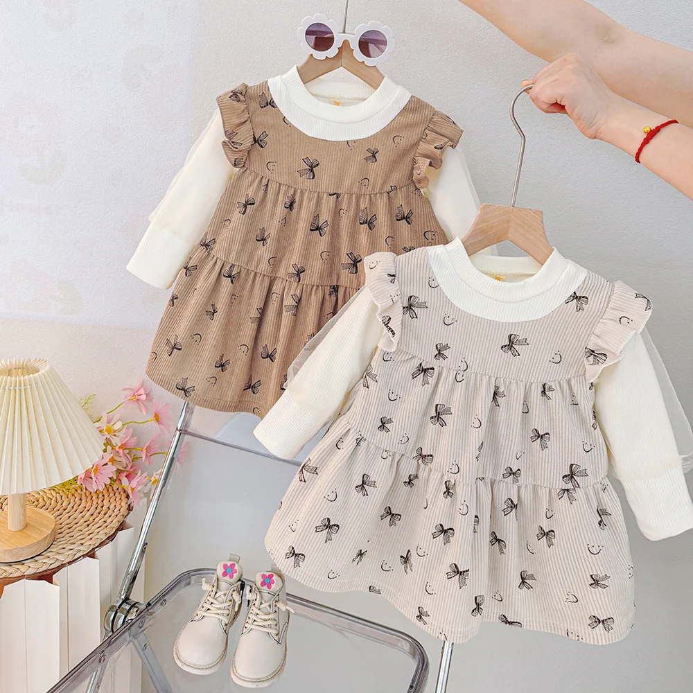 

Baby Clothes Girl Spring And Autumn Bow And Cartoon Pattern Long-Sleeved Simple Baby Dresses Cute Gentle Girl Kid's Dress