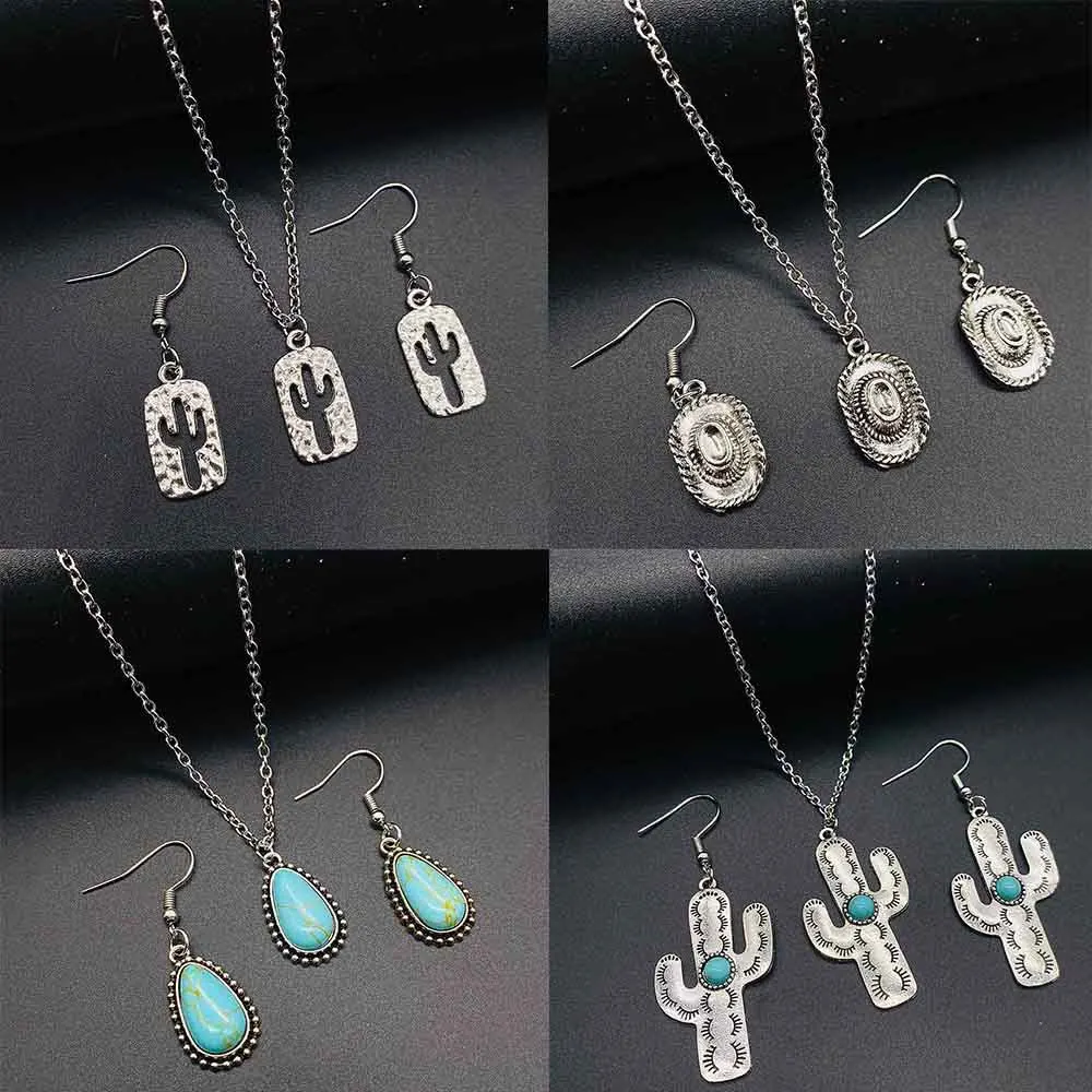 Sombrero de bota de vaquera, pendientes occidentales para mujer, sombrero de vaquero occidental, pendientes de Cactus Tauren Retro turquesa, conjunto de collar, regalos de joyería