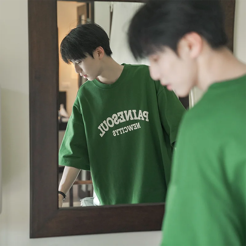 

Japanese Sle Heavyweight ort Sve Men's Trendy T-irt Combed Cotton Tee Needle Seven Loose Version Trendy irt