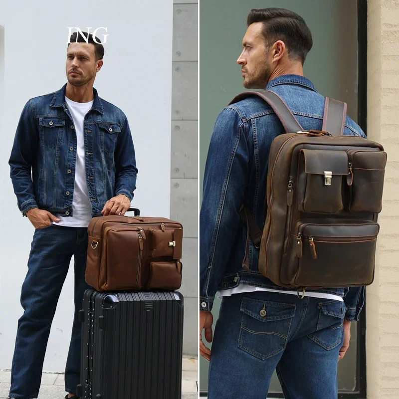 3 in 1 Men's Leather Briefcase Backpack Shoulder Bag Genuine Leather Crossbody Bag for Men Male Working Tote Multifunctional