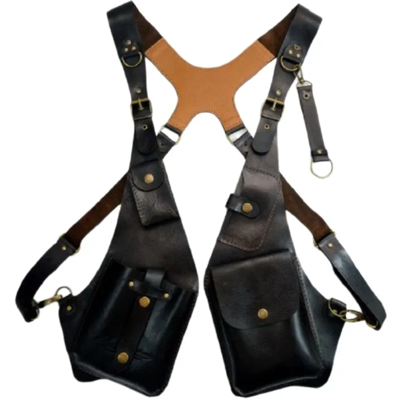 Hombres Mujeres steampunk vintage cosplay PU cuero hombro arnés bolsa doble teléfono cartera funda viñingo axila monedero