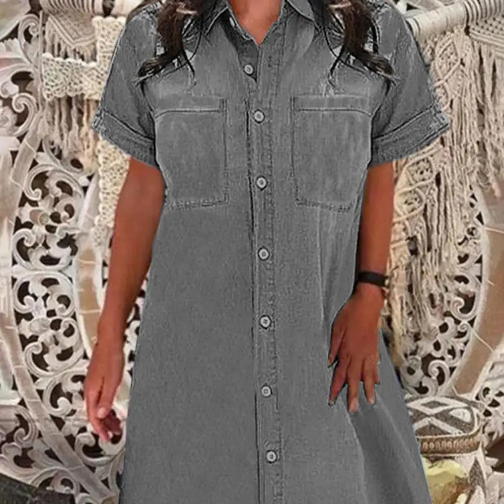 

Summer Shirt Dresses Buttons Knee Length Dress Solid Color Denim Dress Pockets Streetwear Short Sleeve Jean Dress