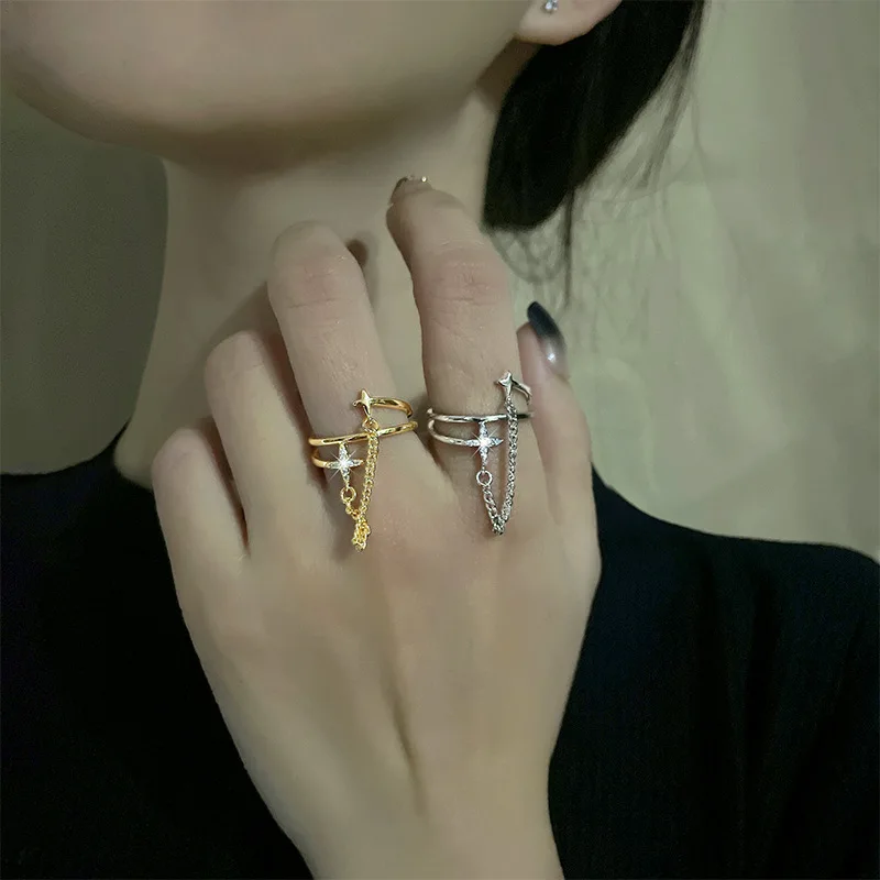 PANJBJ 925 Sterling Silber Vierzackiger Stern Glänzender Zirkon-Ring Hochwertiger Personalisierter Verstellbarer Schmuck – Detail 20