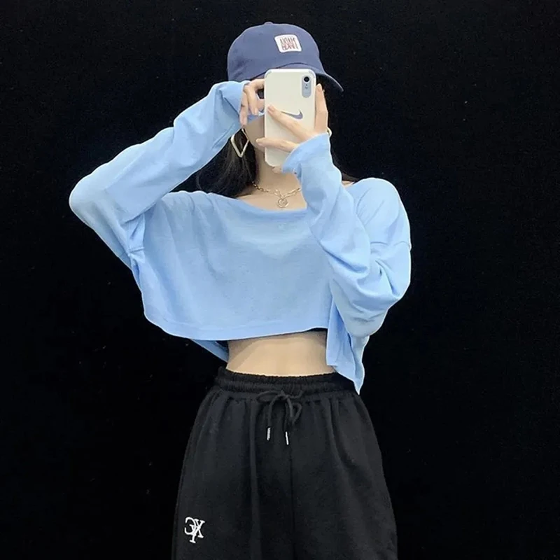 Sexy Long Sleeve Jazz Blouse Tees Women Solid Loose Hip Hop Dance Cropped Tops Fashion Streetwear O Neck Blue Sunproof Pullover
