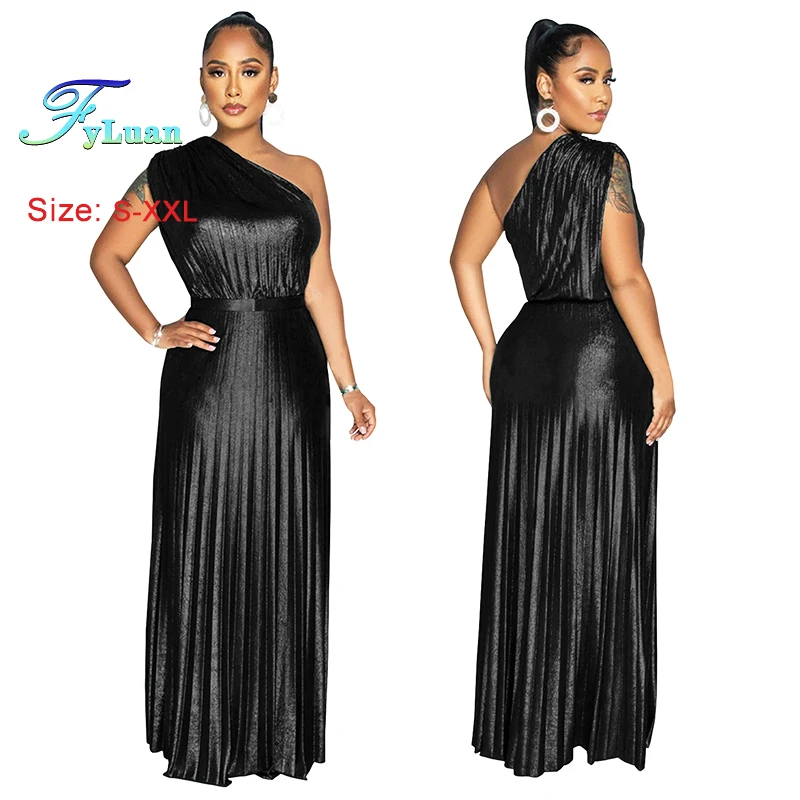 เดรสออกงานกลางคืนแฟชั่นใหม่สำหรับผู้หญิง ดีไซน์หรูหรา แต่งลายปั๊มร้อน ไหล่เฉียง แขนกุด สีพื้น เซ็กซี่ ชายระบายสวยงาม เหมาะสำหรับงานพรอม