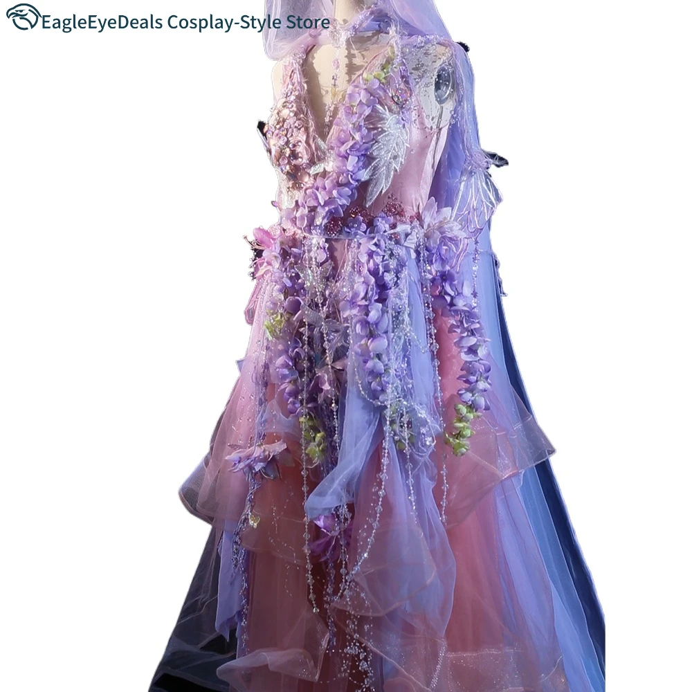 ثوب مسائي أجنحة الفراشة تأثيري الأرجواني فستان الوستارية شفافة الشيفون الشمال الزفاف السماوي لحكاية خرافية اليدوية