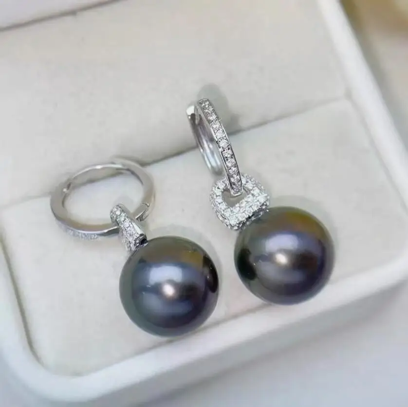 stunning pair of 10-11mm tahitian round black pearl dangle earring 925s