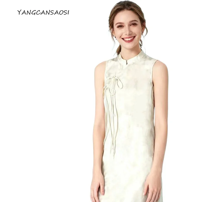 Women's Fashion Clothing 100% Natural Mulberry Silk Jacquard Satin Elongated White Temperament Vest Button Up Dress