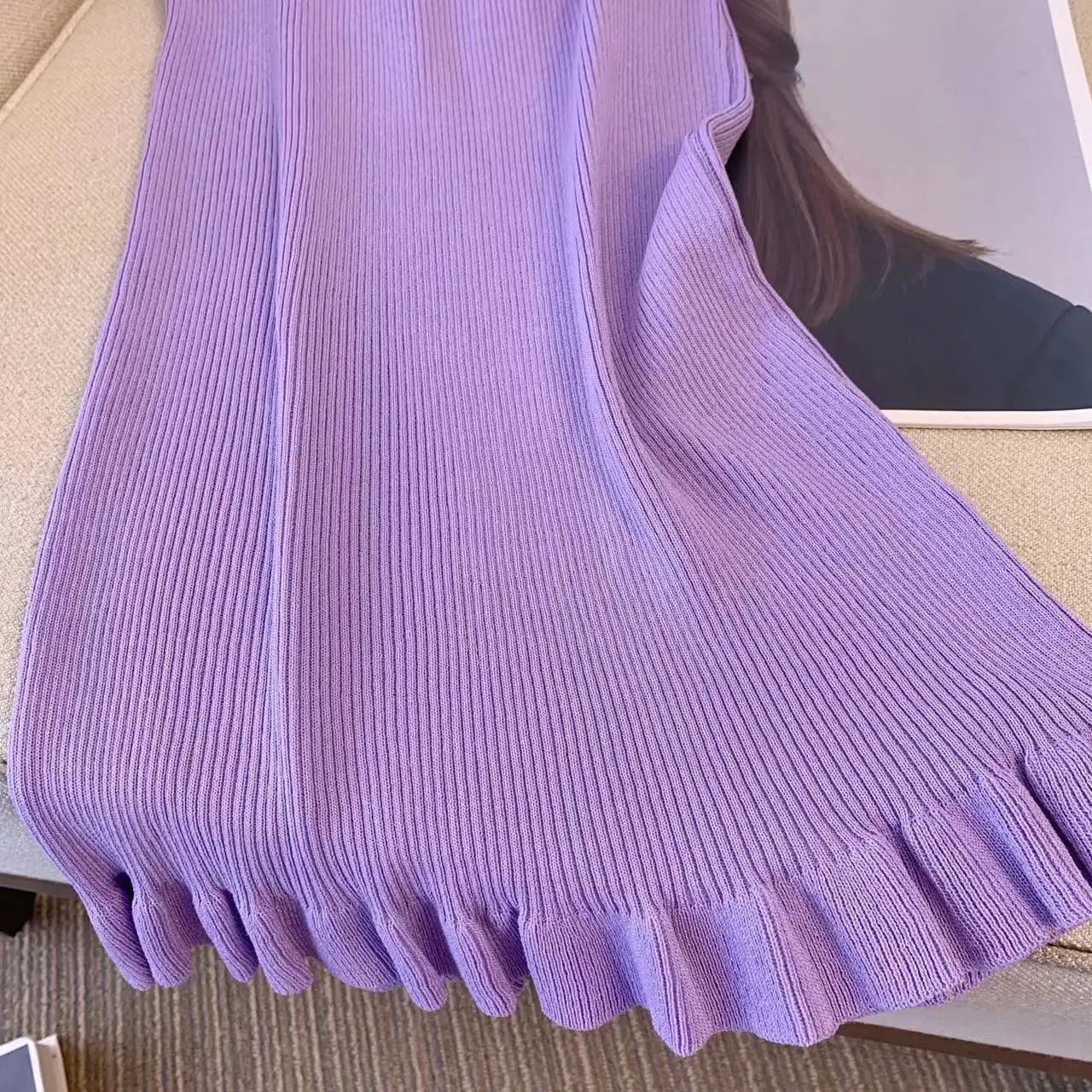 フリルニットストラップレスミニドレス女性のセクシーなレースアップパープルストレッチかぎ針編みボディコンクラブパーティーミニドレス Vesitdos