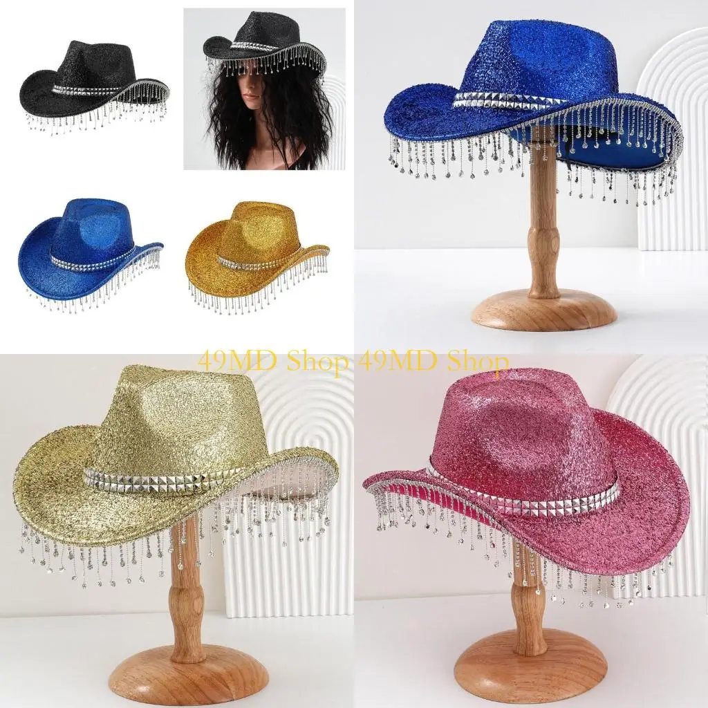 

49MD Fringed Rhinestones Cowgirl Caps with Wide Brims Glittering Powder Fedoras Hat for Men Women Unisex Nightclub Party Hat