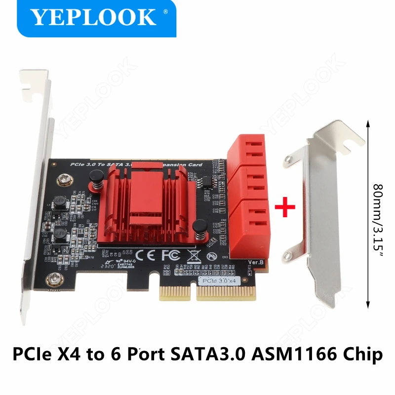 PCIe 4x to 6 Port SATA3.0 6Gbps PCIe to SATA Adapter Controller Expansion Card ASM1166 Chipset for HDD SSD with 8cm/12cm Bracket