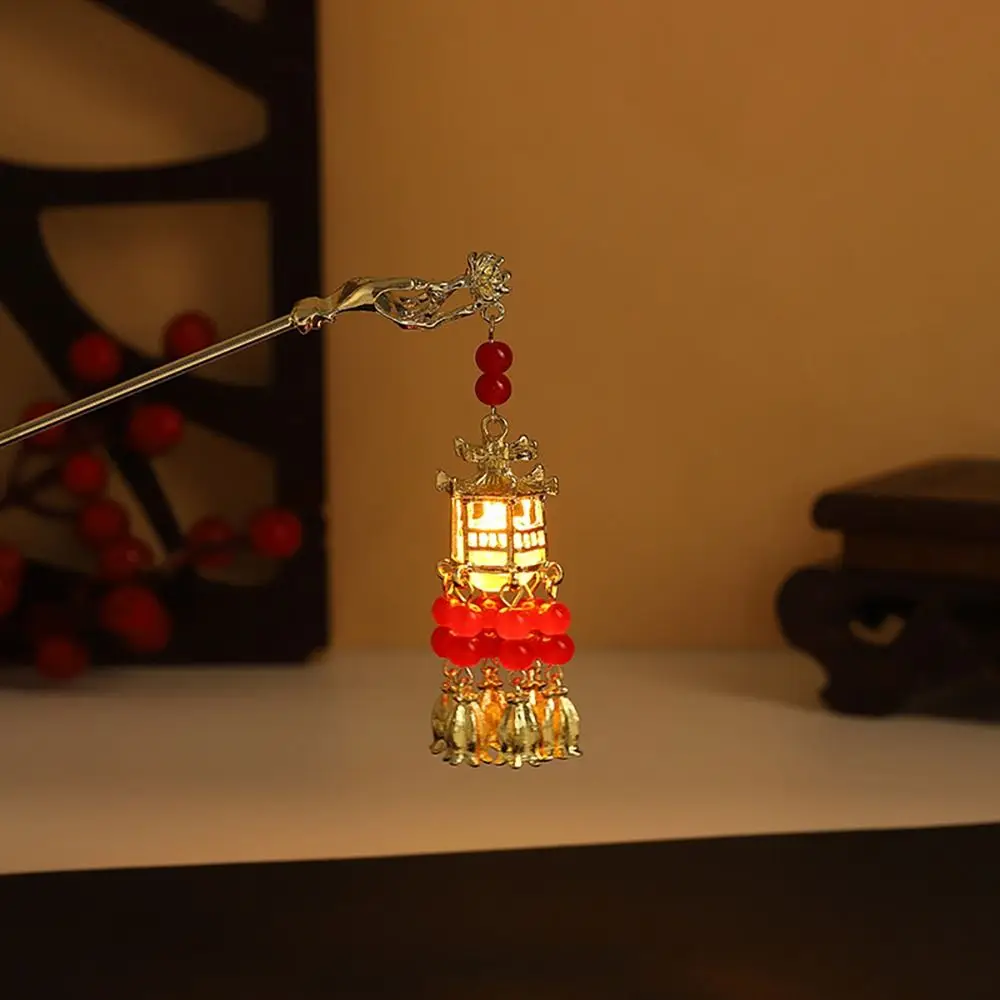 1Pcs New Ancient Style Lotus Lantern Hairpin Chinese Style Glowing Hair Stick Flower Tassel Palace Lantern Hair Insert Women