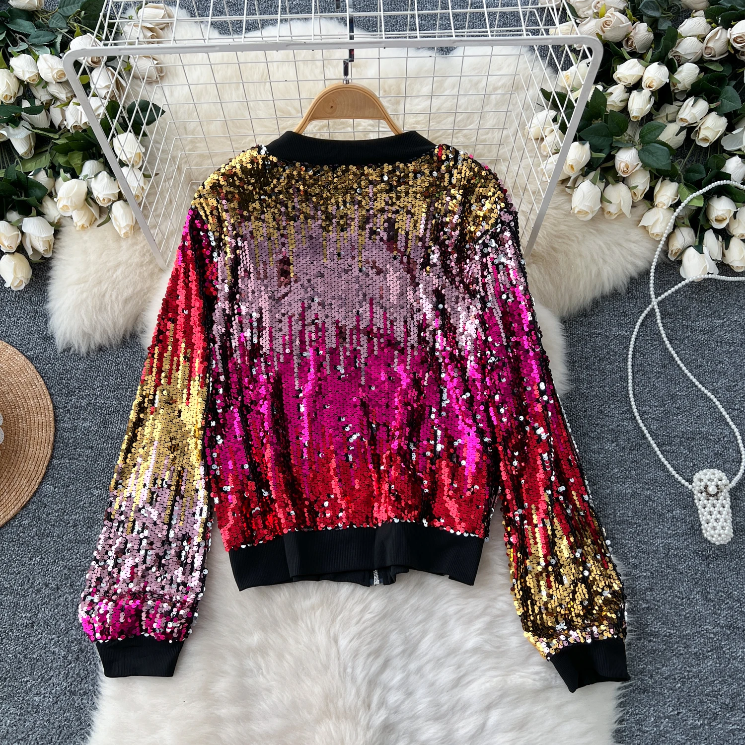 Clothland Women Vintage Sequined Bomber Jacket Zipper Long Sleeve Shiny Female Outwear Chic Coat Tops Mujer CB114