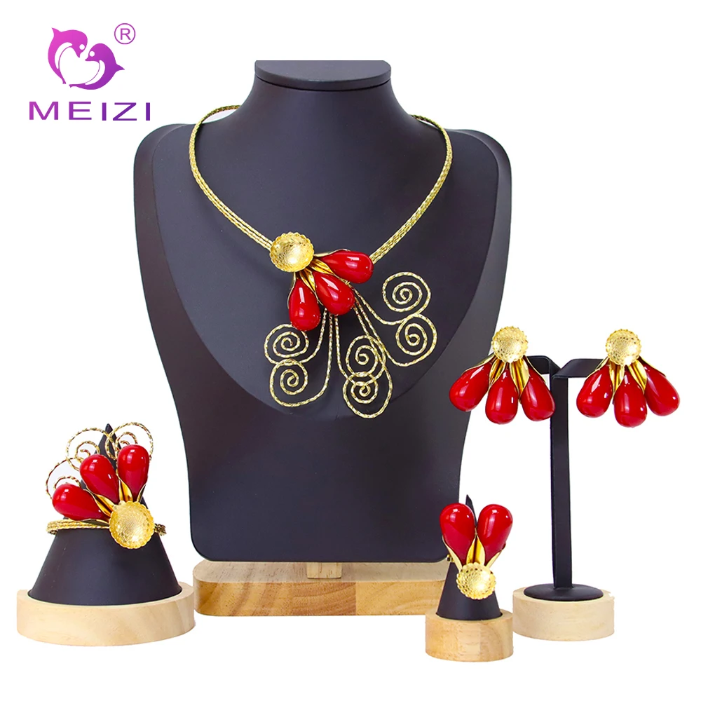 

African Nigerian Women Wedding Necklace Set Elegant Luxury Dubai High Quality Golden Flower Jewelry Sets Free Shipping