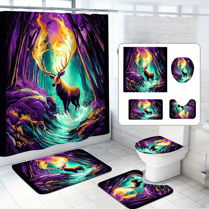 

4 шт., набор занавесок для душа с изображением оленя, рога, горящий огненный олень, фон с фэнтезийным лесом, 12 крючков, полиэстер