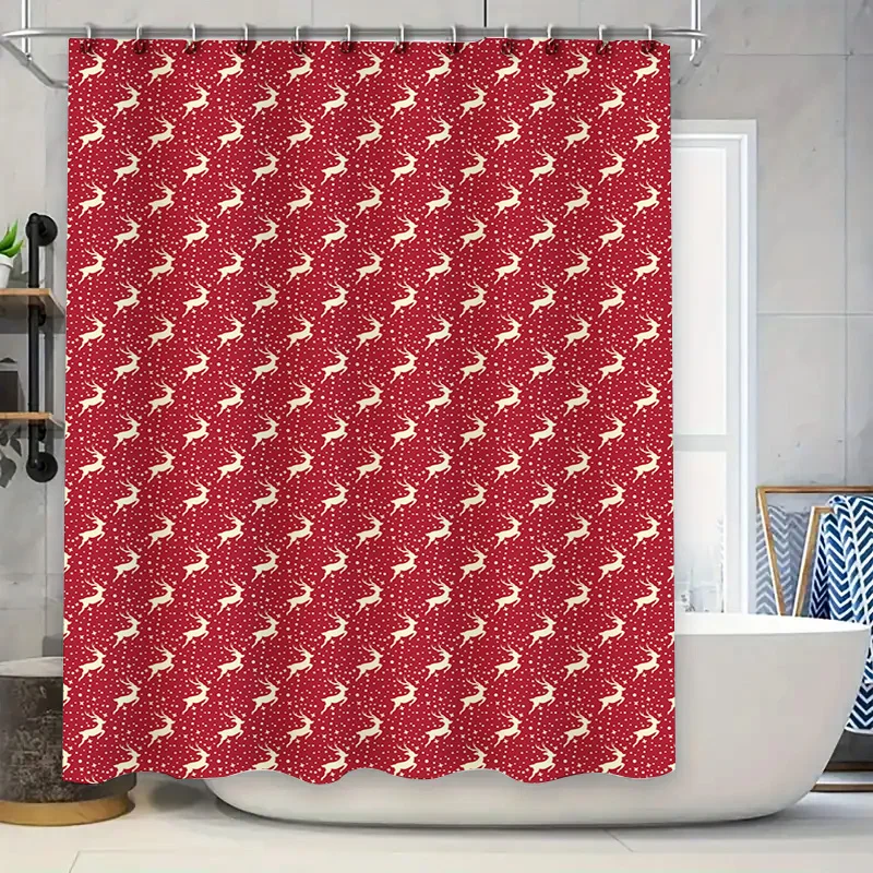 

Red and white waterproof shower curtain with Christmas deer pattern decor bathroom accessories set for home kitchen bathtub cove