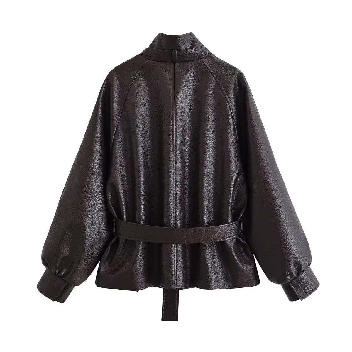 NINE ZAR Women's Leather Jacket Belted Waist Tie Stand Collar Coat Long Sleeve Short Length Fashionable Women's Outerwear