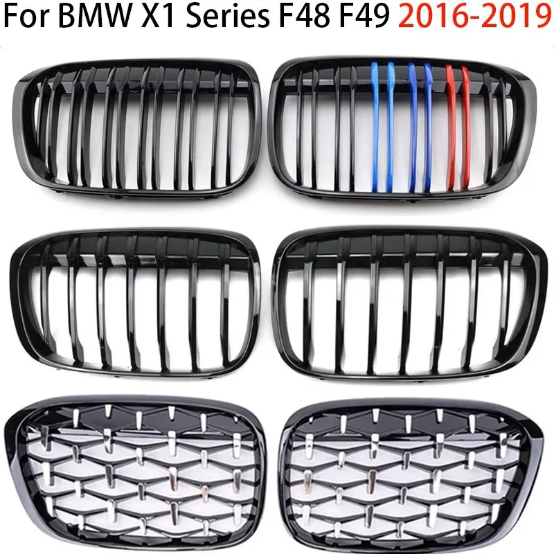 

For BMW X1 F48 F49 2016-2019 Car Front Kidney Grille Hood Front Bumper Radiator Grill Silver/Black/Carbon Fiber Style