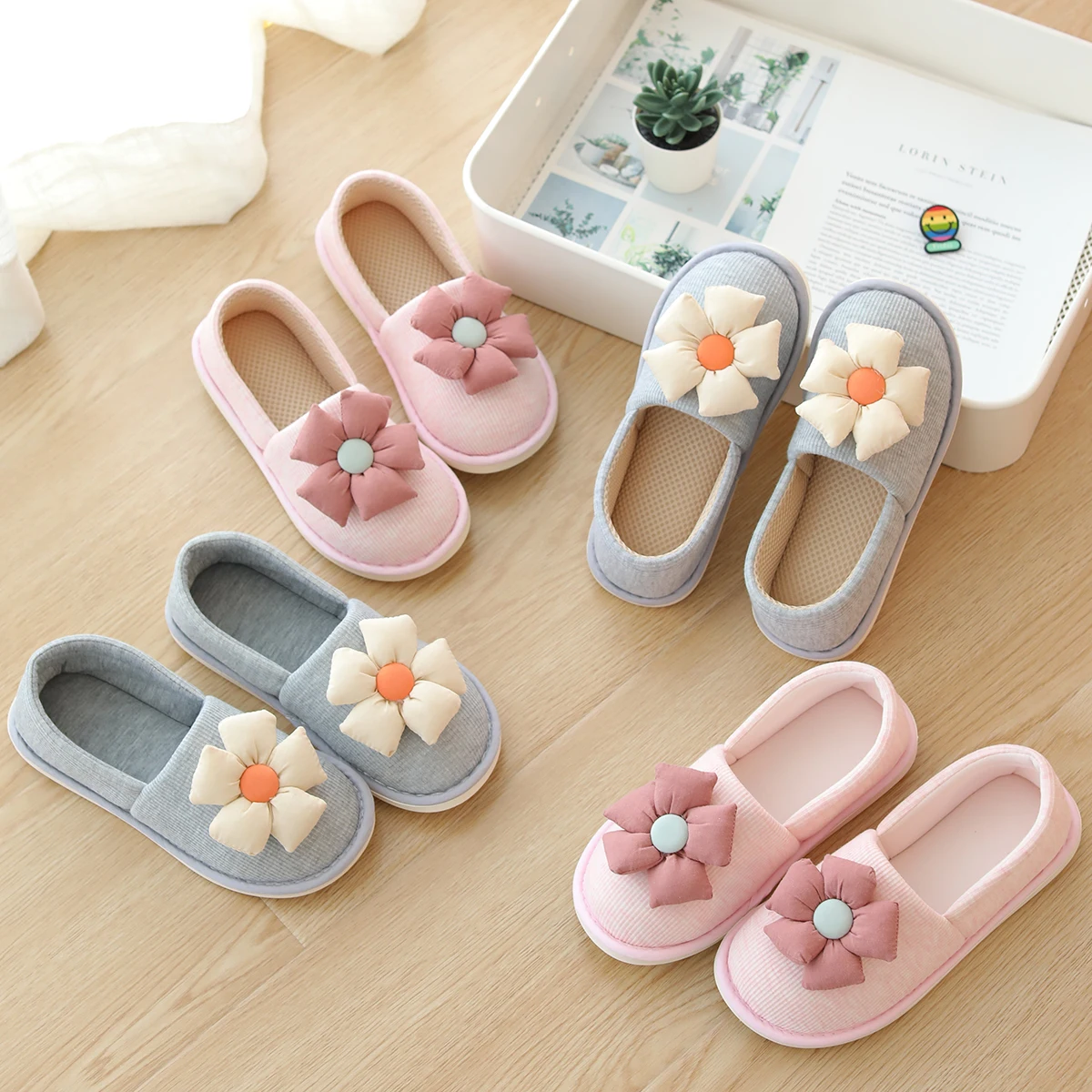 New Styles Soft Cotton Big Flower House Indoor Flats Slipper Four Seasons Slippers For Girl Women Cute Animal Shoes Pink Gray