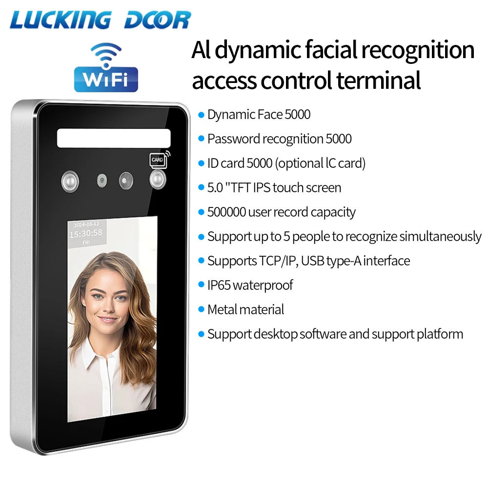 WIFI Time Record Attendance Machine Dynamic Face Recognition Door Control RFID Card Code Multi-Face Biometric Attendance System