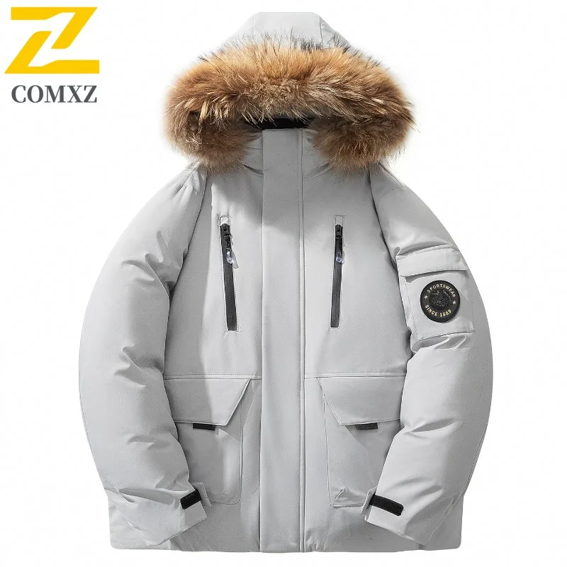 COMXZ سترة شتوية للرجال والنساء ريترو خفيفة الوزن دافئة منفوش بياقة من الفرو معطف أبيض مبطن للتزلج على الجليد مع قلنسوة سترات منتفخة #5