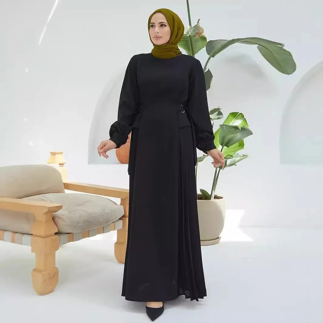 

Женский халат Abaya на Ближний Восток, мусульманская одежда, длинное платье с рукавами-фонариками, талией и плиссировкой, марокканский и Дубайский стиль