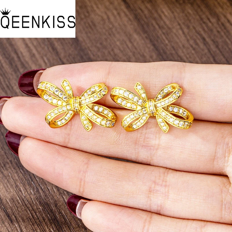 

QEENKISS 24KT Gold Bowknot Stud Earrings For Women Wedding Party Birthday Christmas Bride Mother Girlfriend Ladies Gifts EG5515