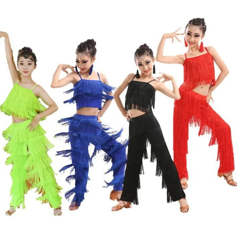 Kids Latin Dance Costumes Ballroom Plus Size Fringe Tassel Dress Pants Girls Sequin Salsa Samba Children Stage Outfits Costume