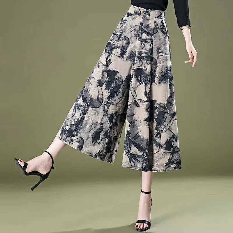 

Fashionable women's summer thin elastic high waisted Shibori printed middle-aged Minimalist Commute Ruched wide leg skirt pants