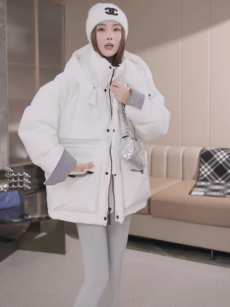 

Повседневное белое пуховое пальто средней длины для женщин, зимнее, ветрозащитное, на молнии, однотонное, для города