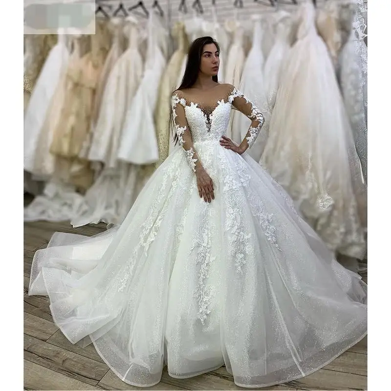 Customized Scoop Neck Shinny Appliques Beads  Wedding Dress Sweep Train  Long Sleeves Bridal Gown with Illusion Buttons Back