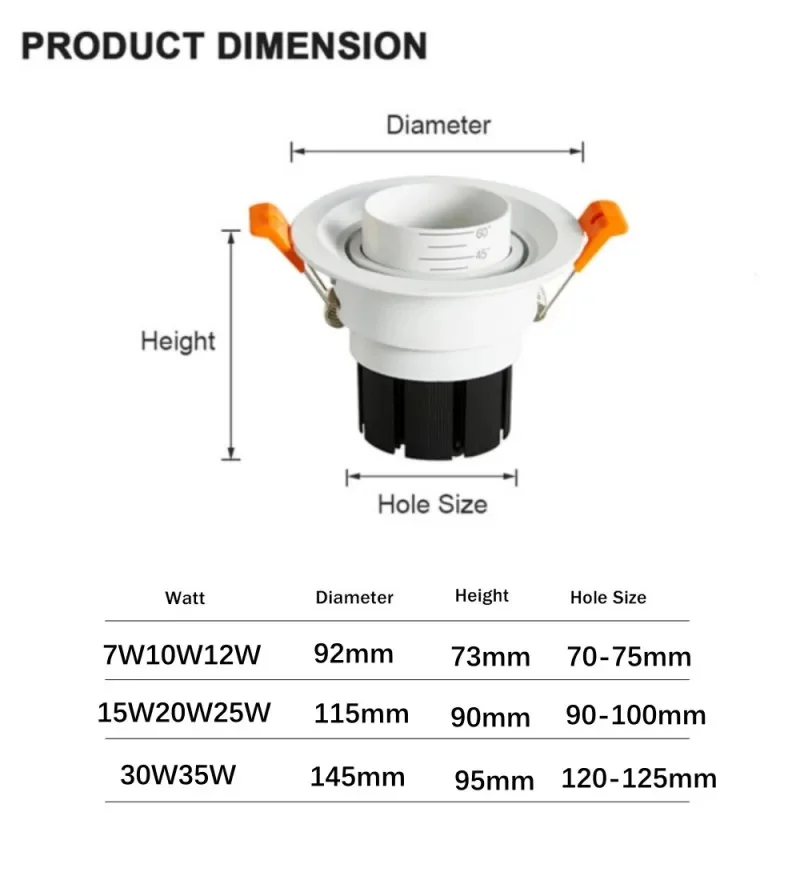 Hole 75/95/120MM Zoom Beam Angle Adjustable LED COB Recessed Downlight 12W 20W 30W LED Ceiling Spot Light for Picture Background