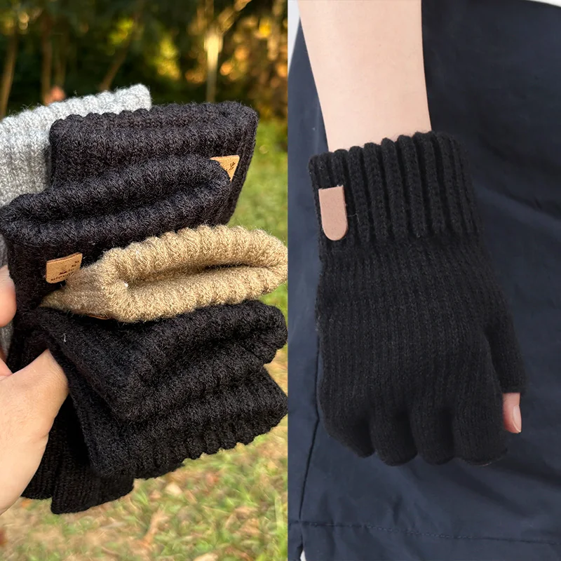 Black Winter Thick Elastic Knitted Gloves Warm Writting Office Cycling Fingerless Glove for Men Women Touchscreen Work Gloves