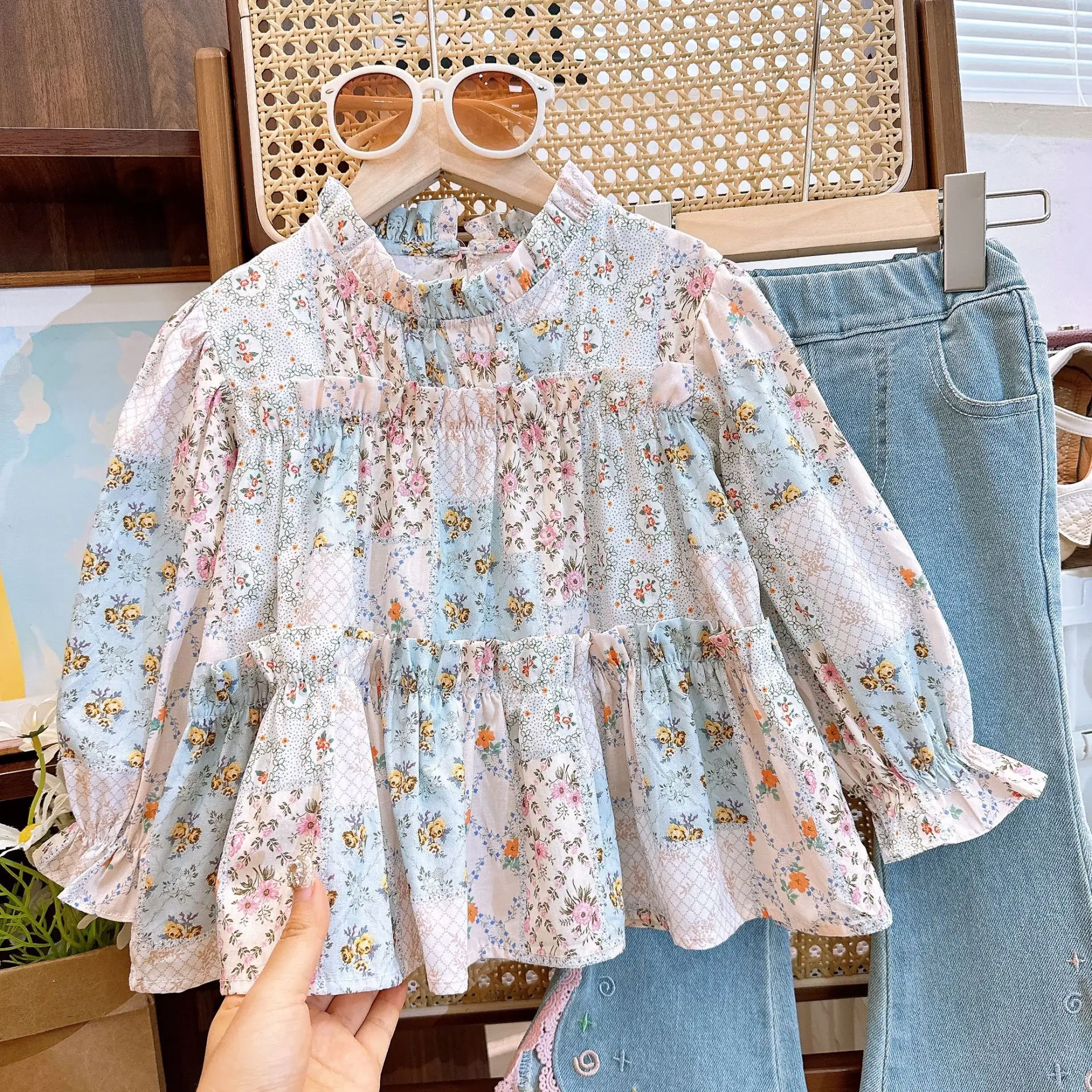 Children\'s Clothing Sets Cute Floral Doll Blouse + Lace Jeans 2pcs Sets Kids Clothes Girls Outfit Set Toddler Girl Clothes