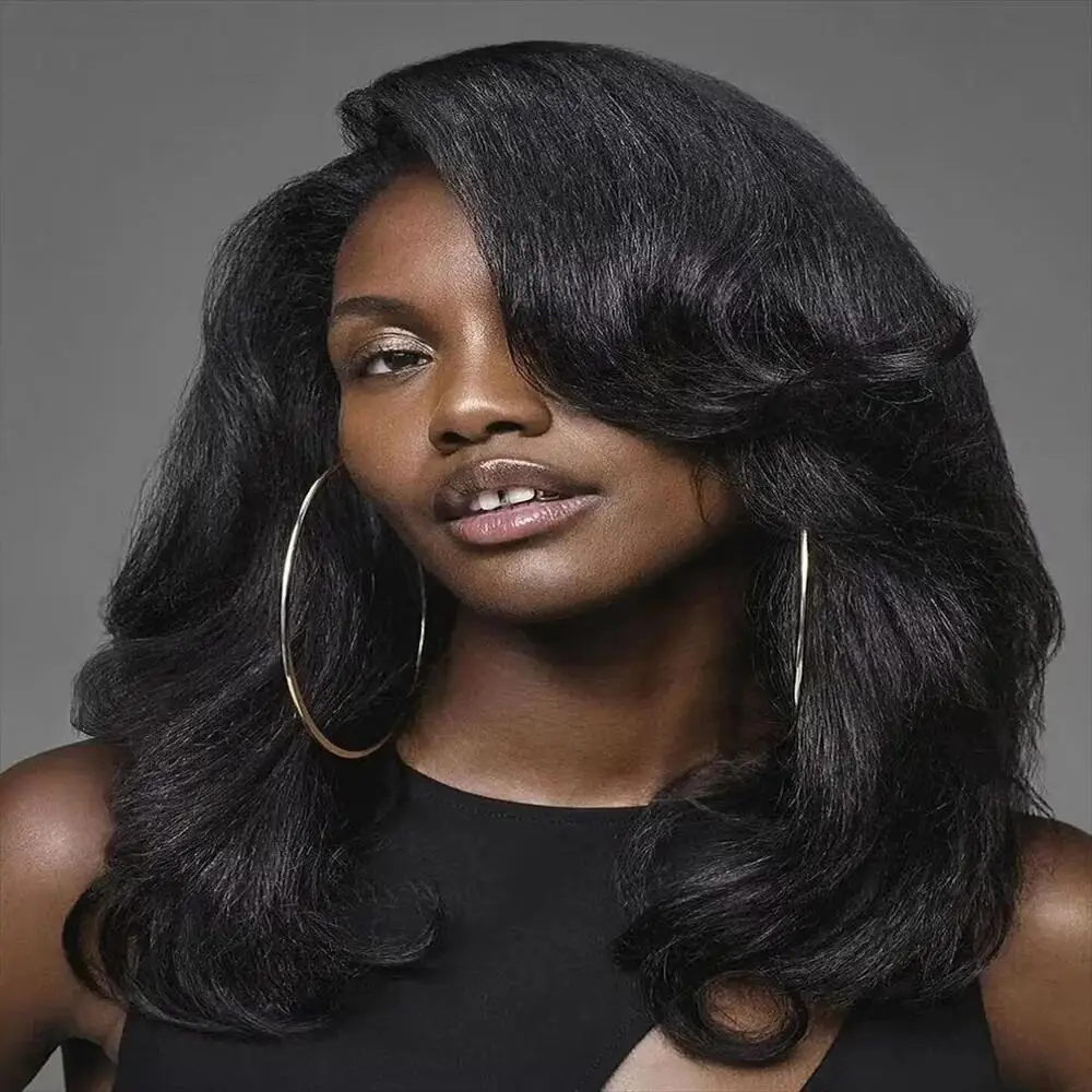 Perruque Lace Front Wig Yaki ondulée noire naturelle, 26 pouces de Long, pre-plucked, densité 180, avec cheveux de bébé, sans colle, bonne Texture, pour femmes