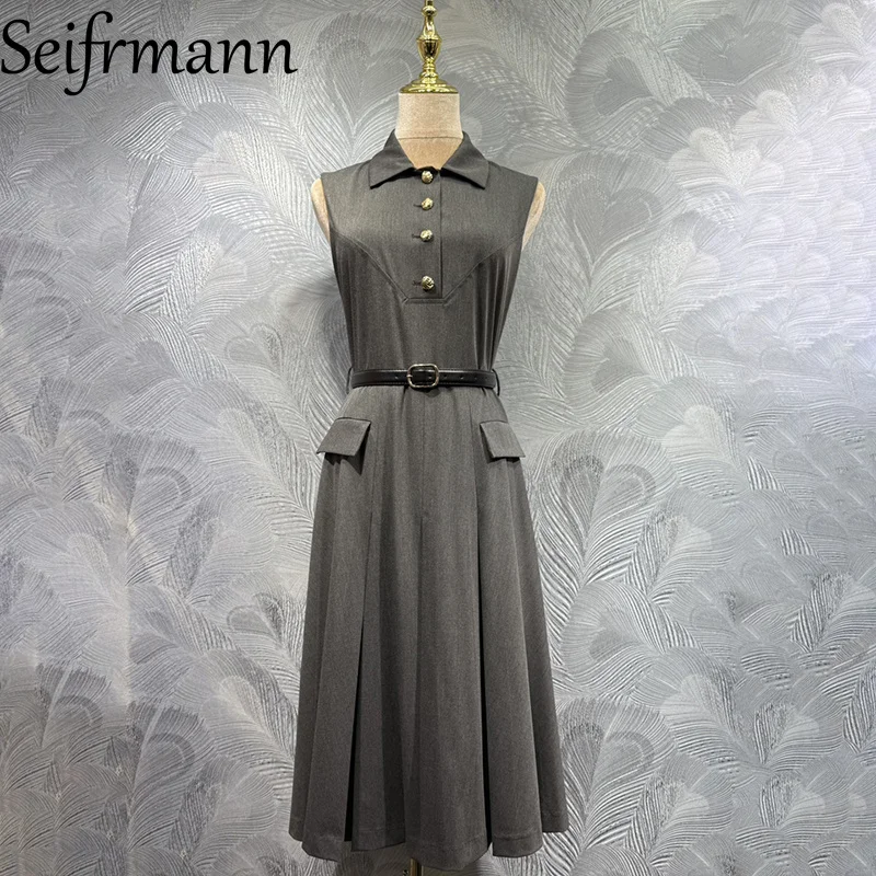 

Seifrmann 2026 Весеннее женское модное платье без рукавов с отложным воротником, поясом и утяжкой на талии, однотонное ﻿