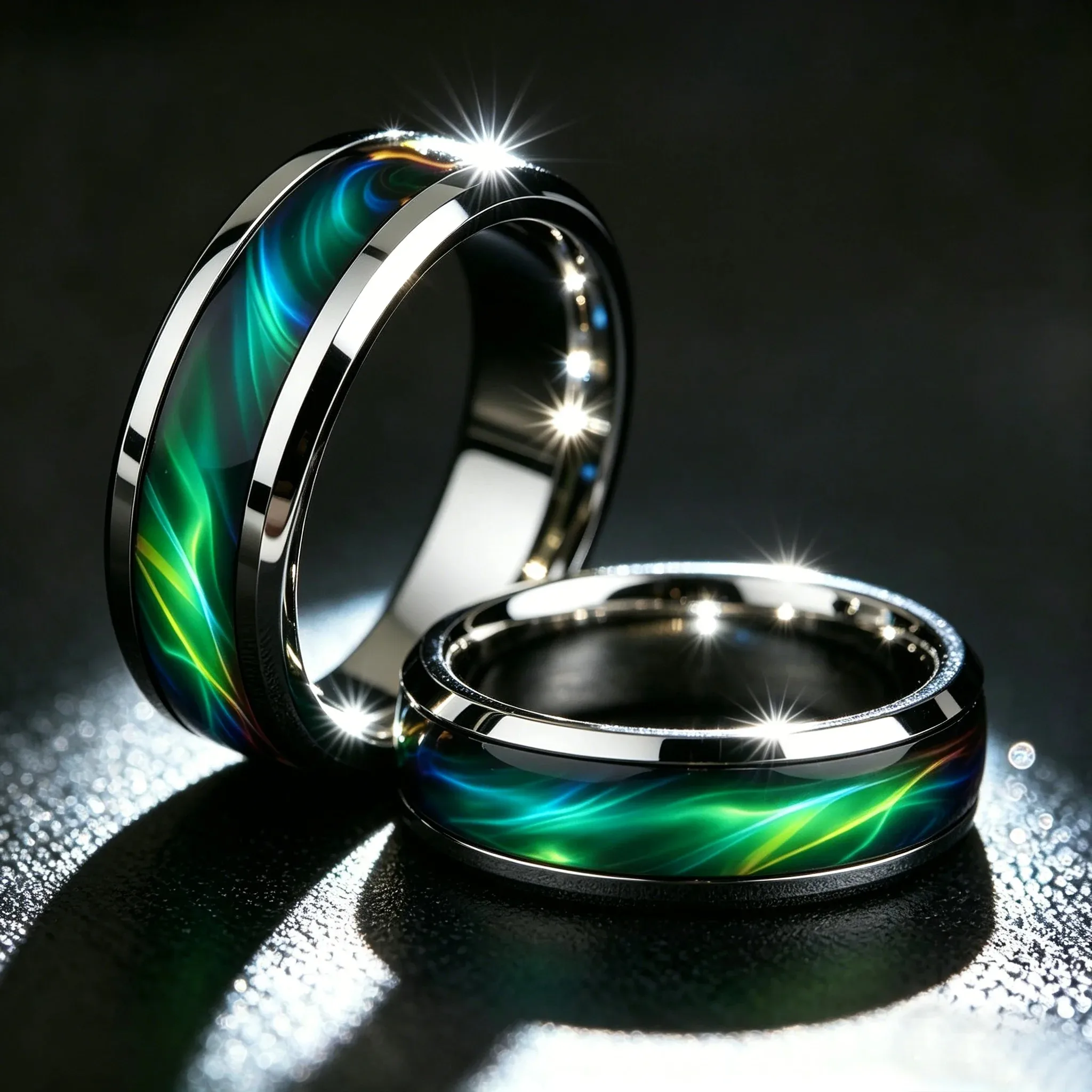 Men's Green Aurora Nebula Stainless Steel Ring, Silver Color Polished with Malachite Inlay, Punk Biker Jewelry Gift for Him