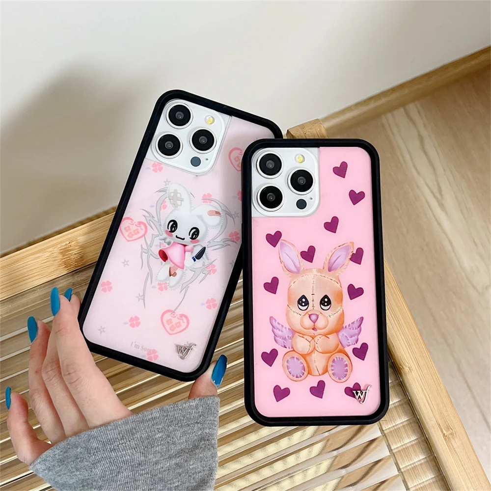 Wildflower 3D Korean Lovely Rabbit Fox Bear Pink phone Case for iPhone 15 14 13 12 Pro Max 14pro 15pro Cover Fundas