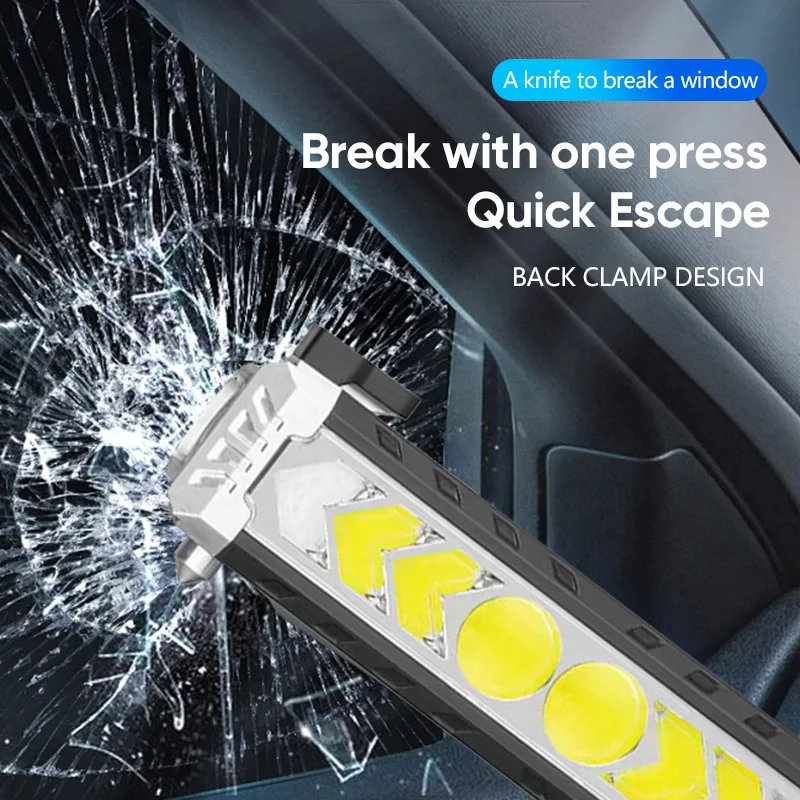 Torcia solare ricaricabile con luce da lavoro multifunzione a LED COB con gancio magnetico Torce portatili con martello di sicurezza per auto