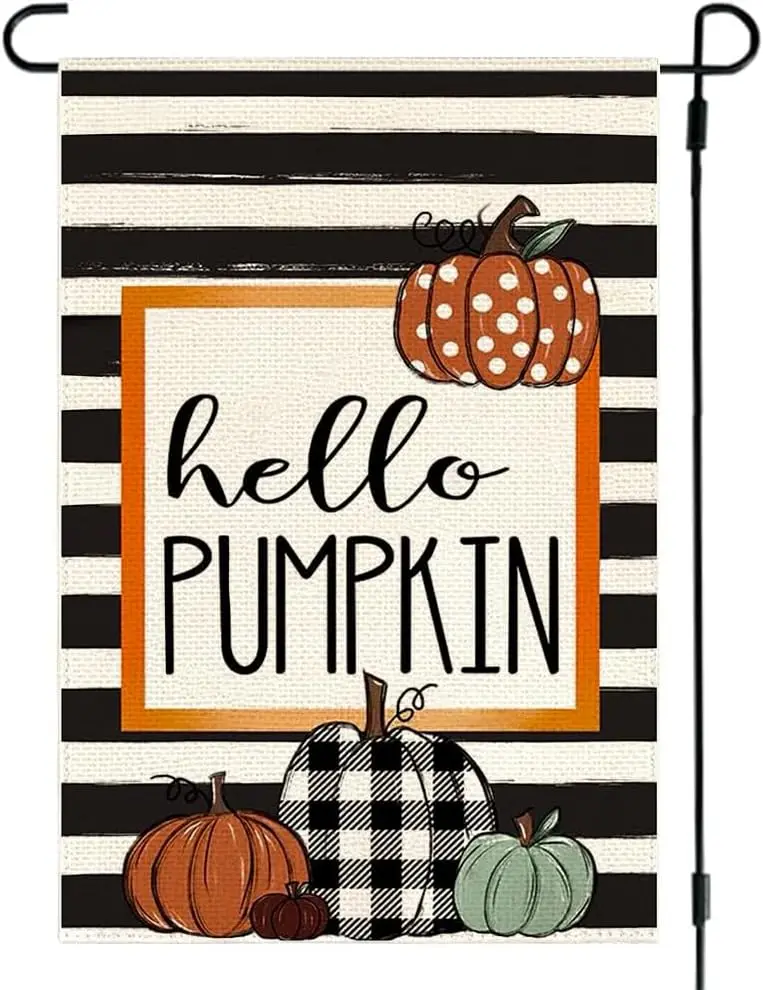 RABUSOFA Hello Pumpkin Fall Garden Flag 12x18 Inch Double Sided for Outside Burlap, Thanksgiving Autumn Outdoor Striped Decorati