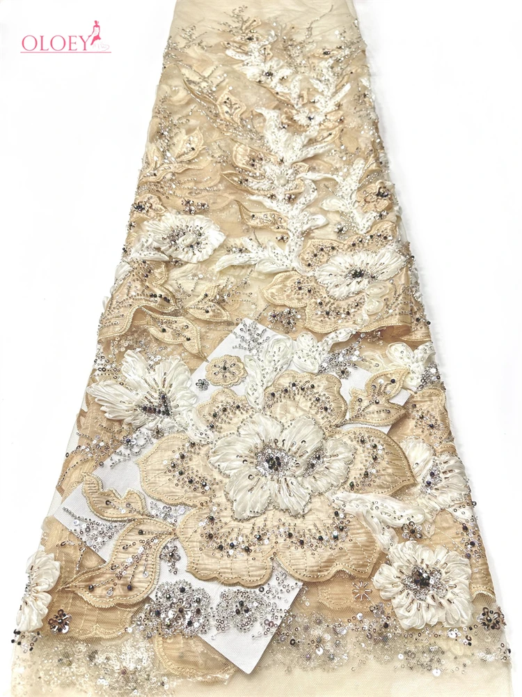 

OLOEY 3D Цветочное африканское кружево с бисером 2026: Высококачественное нигерийское французское кружево с пайетками для женских свадебных и праздничных платьев