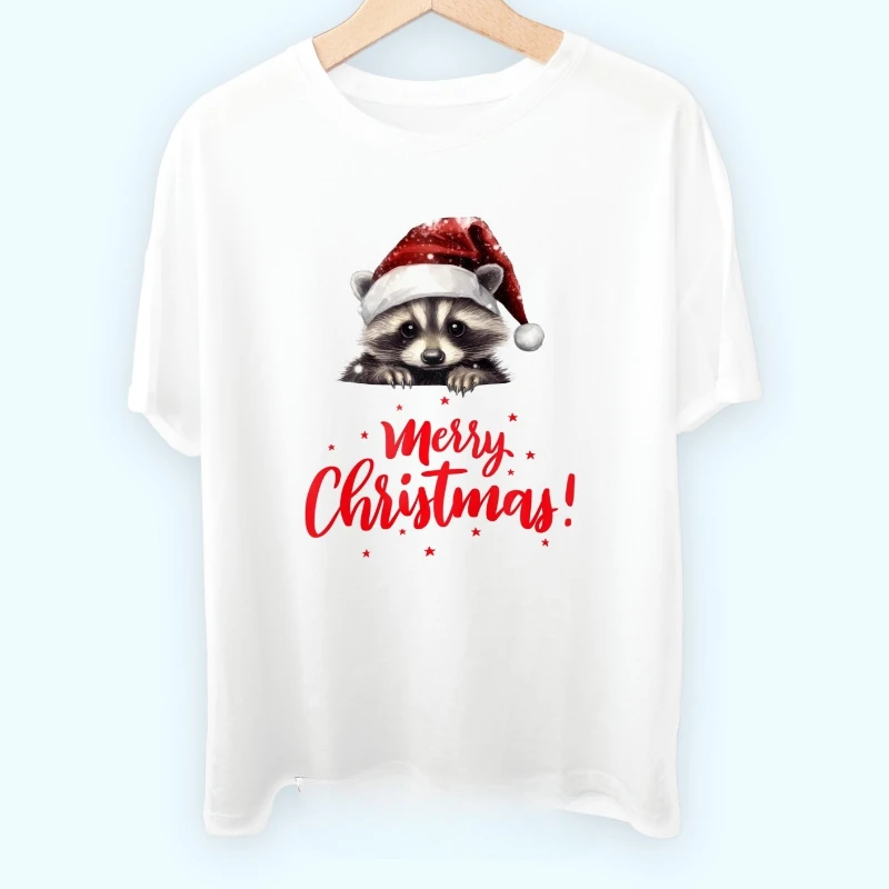 

С Рождеством, милый енот, шляпа Санта-Клауса, праздничная праздничная хлопковая футболка с графическим круглым вырезом и короткими рукавами, всесезонный мягкий повседневный топ