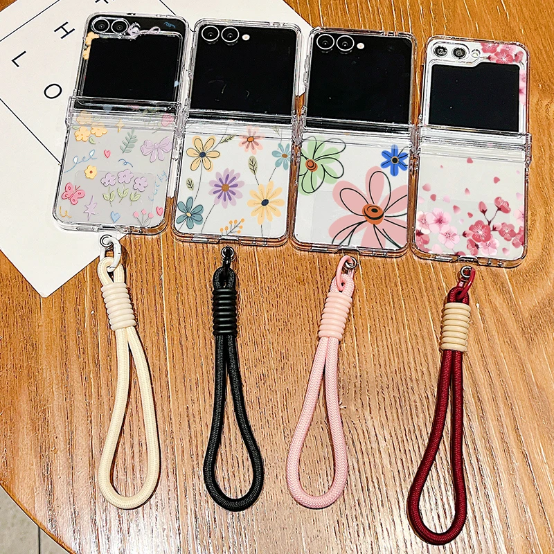 Wrist Strap Lanyard Clear Phone Case For Samsung Galaxy Z Flip 7 FE Flip6 Flip5 Flip4 Flip3 5G Pink Flower Printed Folding Cover view 6