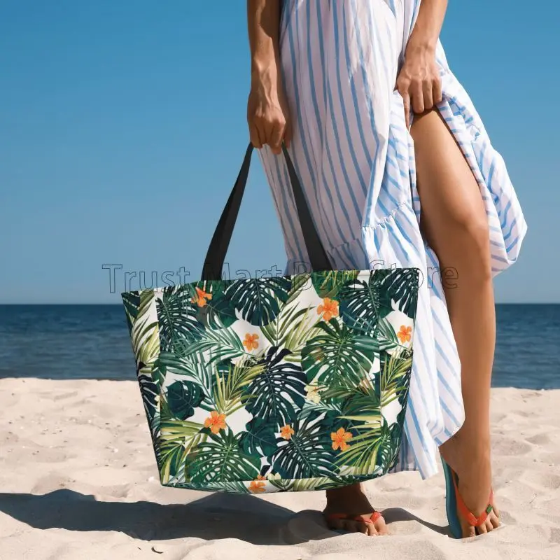 Tropical Green Leaves and Flowers Beach Bag for Women Travel Tote Bags with Pockets Large Beach Pool Bag for Swim Gym Vacation