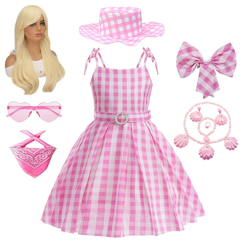 

Summer Fancy Girl Cosplay Live Action Movie Barbi Pink Plaid Print Halter Princess Dress Children Outdoor Beach Party Clothes